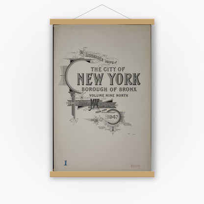 Old map wall art mockup — magnetic wood frame on white wall — Sanborn Fire Insurance Map from New York, Bronx, Manhattan, New York (1947), Sheet #0001