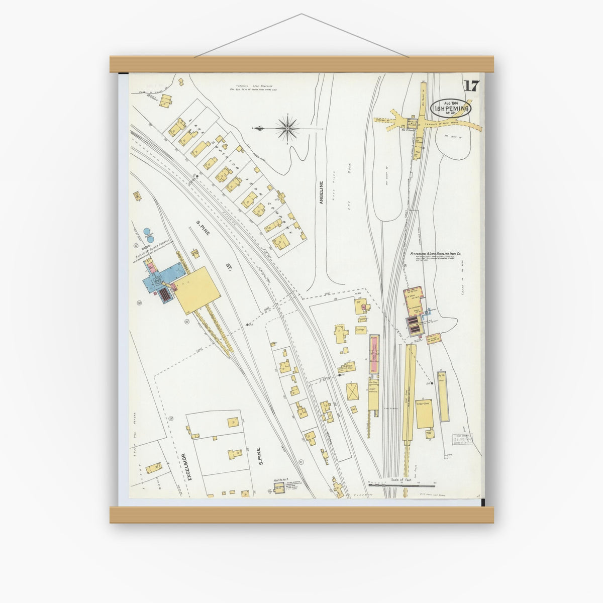 Old map wall art mockup — magnetic wood frame on white wall — Sanborn Fire Insurance Map from Ishpeming, Marquette County, Michigan (1904), Sheet #0017