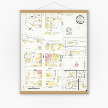 Old map wall art mockup — magnetic wood frame on white wall — Sanborn Fire Insurance Map from Ruthven, Palo Alto County, Iowa (1901), Sheet #0001