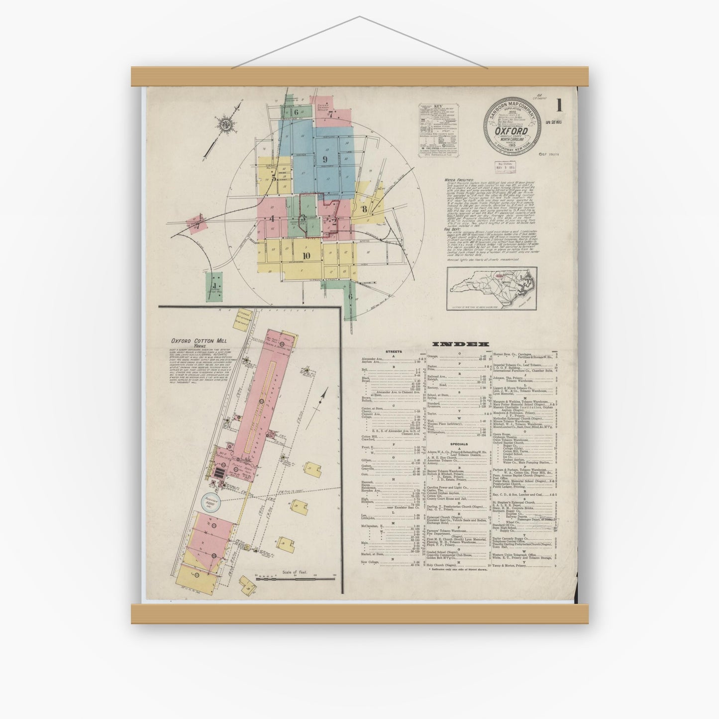 Old map wall art mockup — magnetic wood frame on white wall — Sanborn Fire Insurance Map from Oxford, Granville County, North Carolina (1915), Sheet #0001