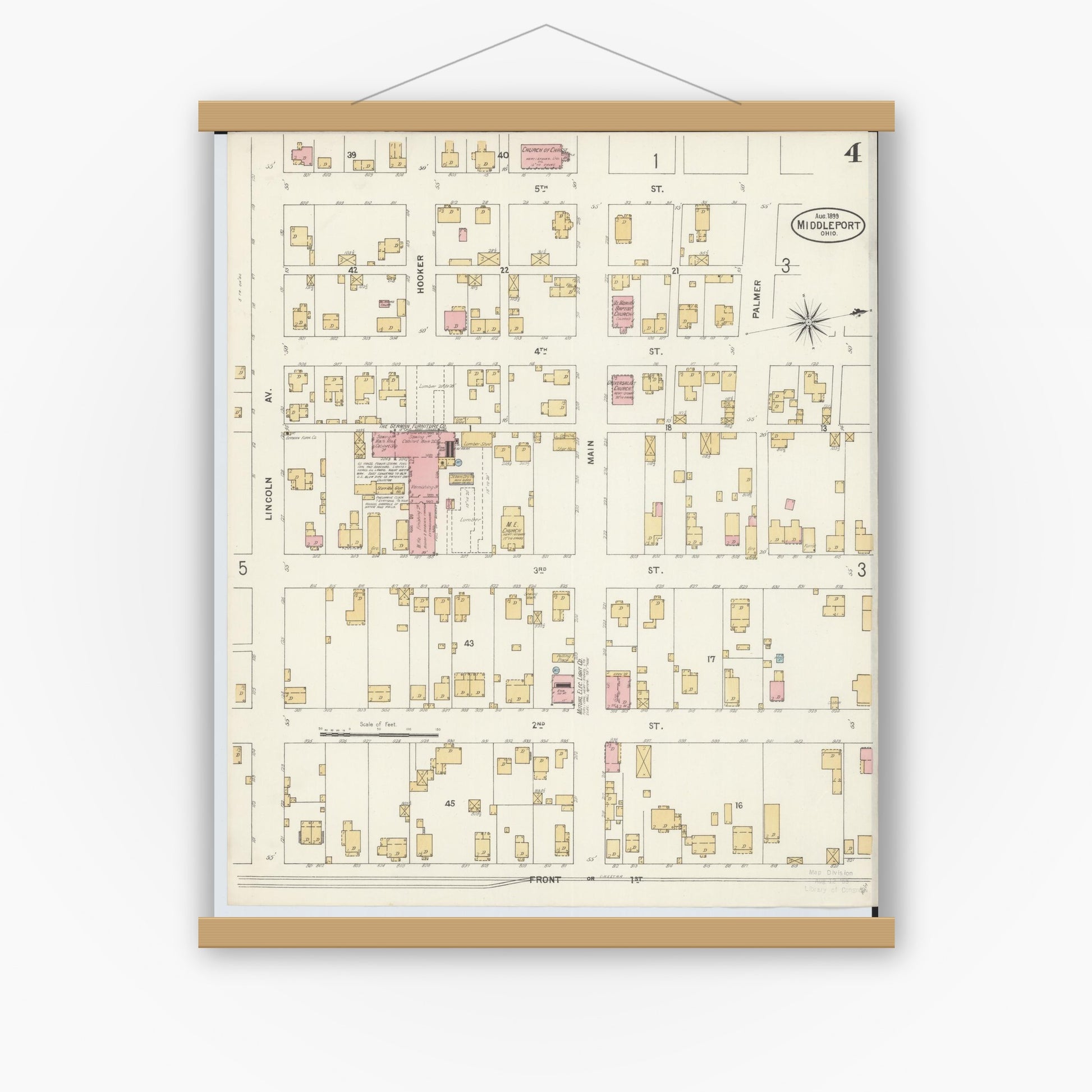 Old map wall art mockup — magnetic wood frame on white wall — Sanborn Fire Insurance Map from Middleport, Meigs County, Ohio (1899), Sheet #0004