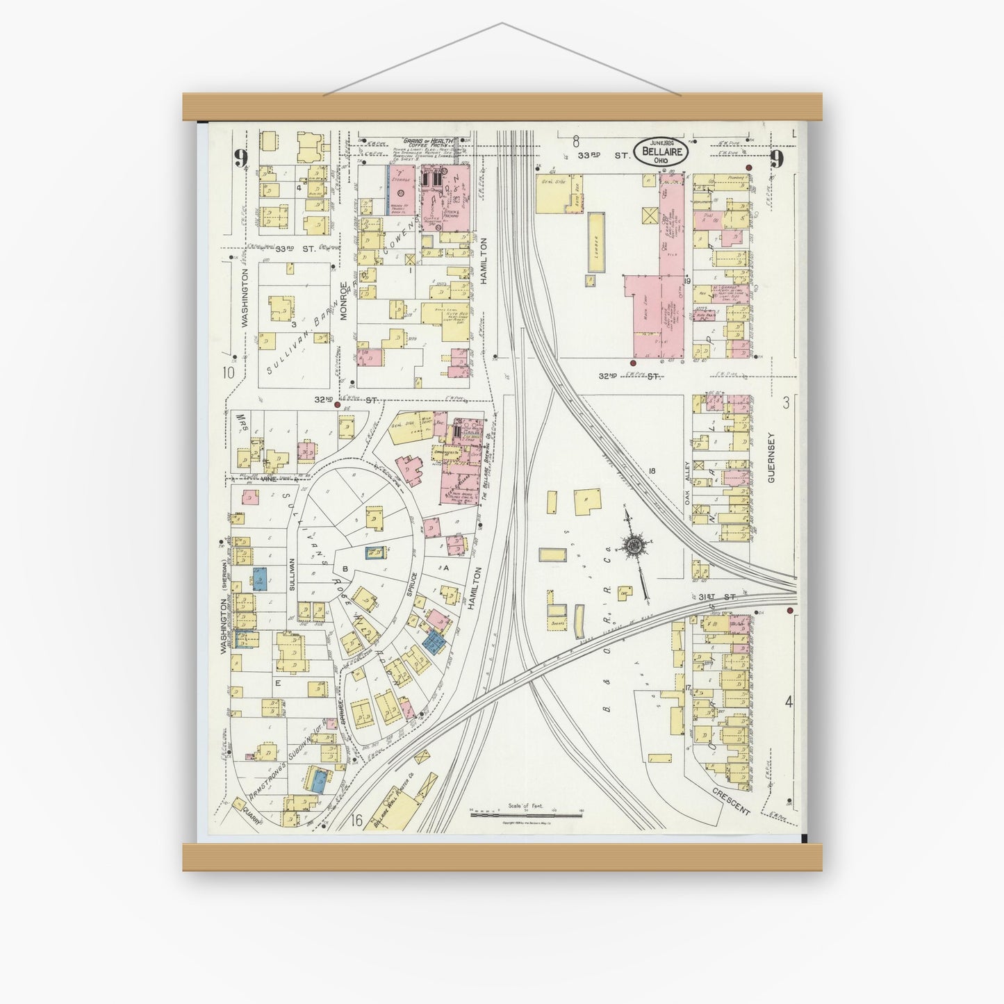 Old map wall art mockup — magnetic wood frame on white wall — Sanborn Fire Insurance Map from Bellaire, Belmont County, Ohio (1924), Sheet #0009