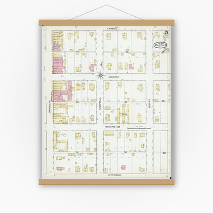 Old map wall art mockup — magnetic wood frame on white wall — Sanborn Fire Insurance Map from Macomb, Mcdonough County, Illinois (1892), Sheet #0005