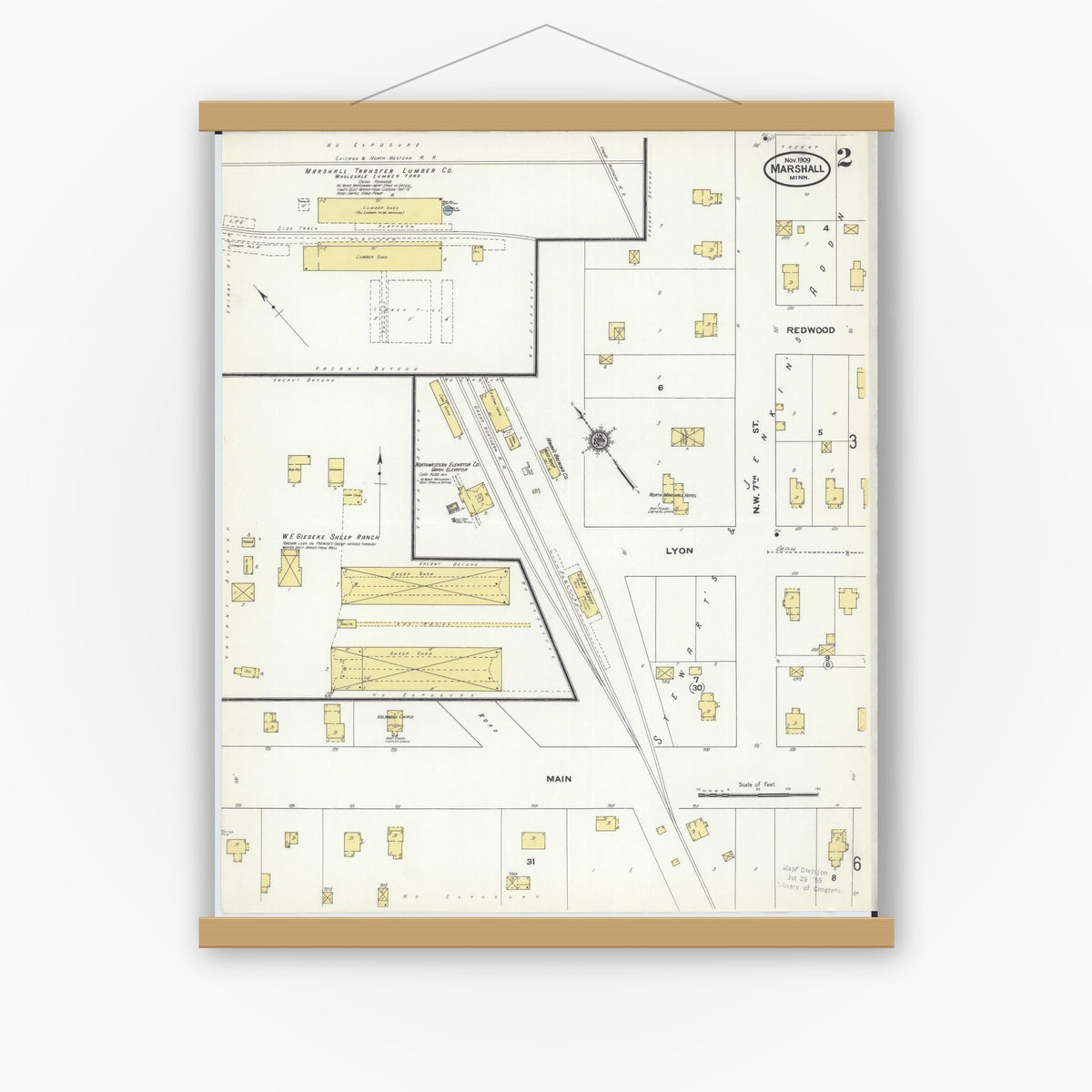 Old map wall art mockup — magnetic wood frame on white wall — Sanborn Fire Insurance Map from Marshall, Lyon County, Minnesota (1909), Sheet #0002
