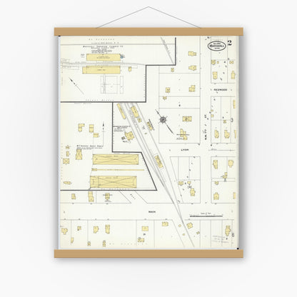 Old map wall art mockup — magnetic wood frame on white wall — Sanborn Fire Insurance Map from Marshall, Lyon County, Minnesota (1909), Sheet #0002