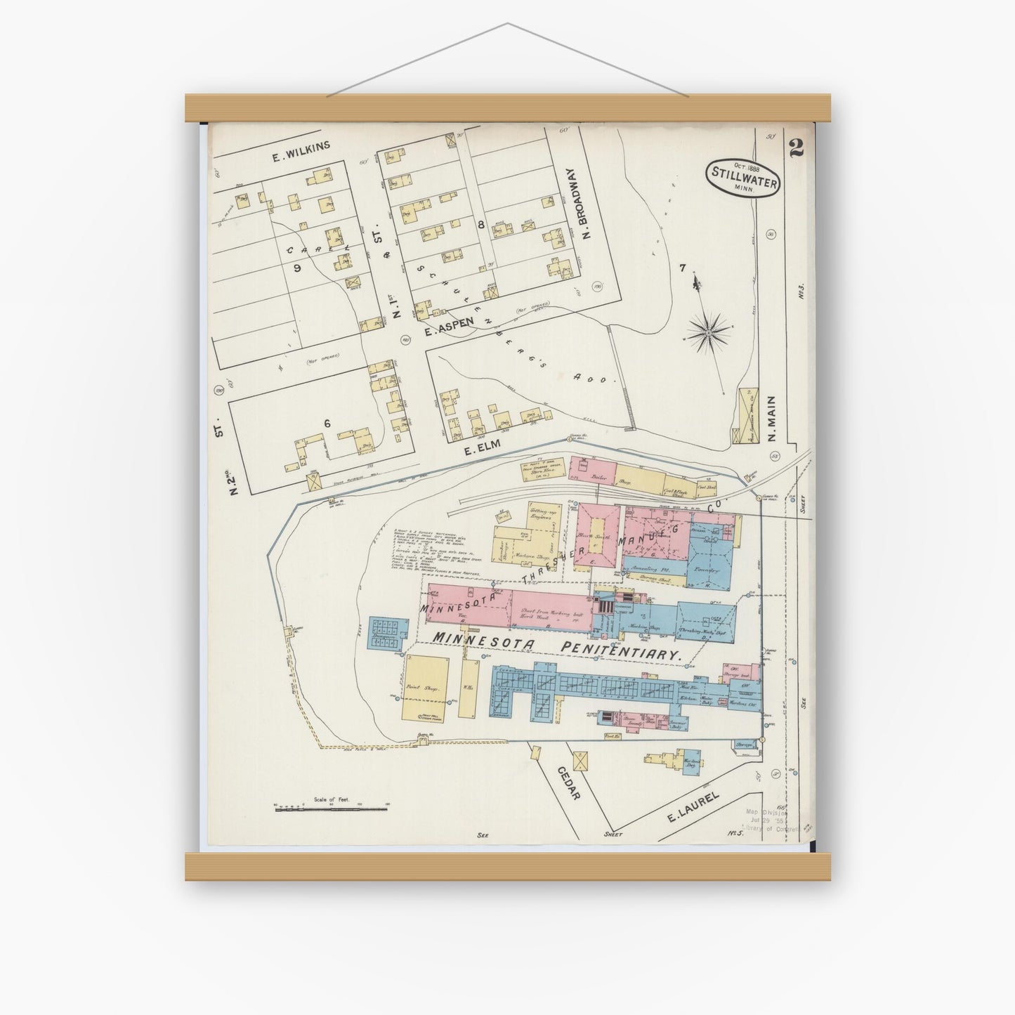Old map wall art mockup — magnetic wood frame on white wall — Sanborn Fire Insurance Map from Stillwater, Washington County, Minnesota (1888), Sheet #0002