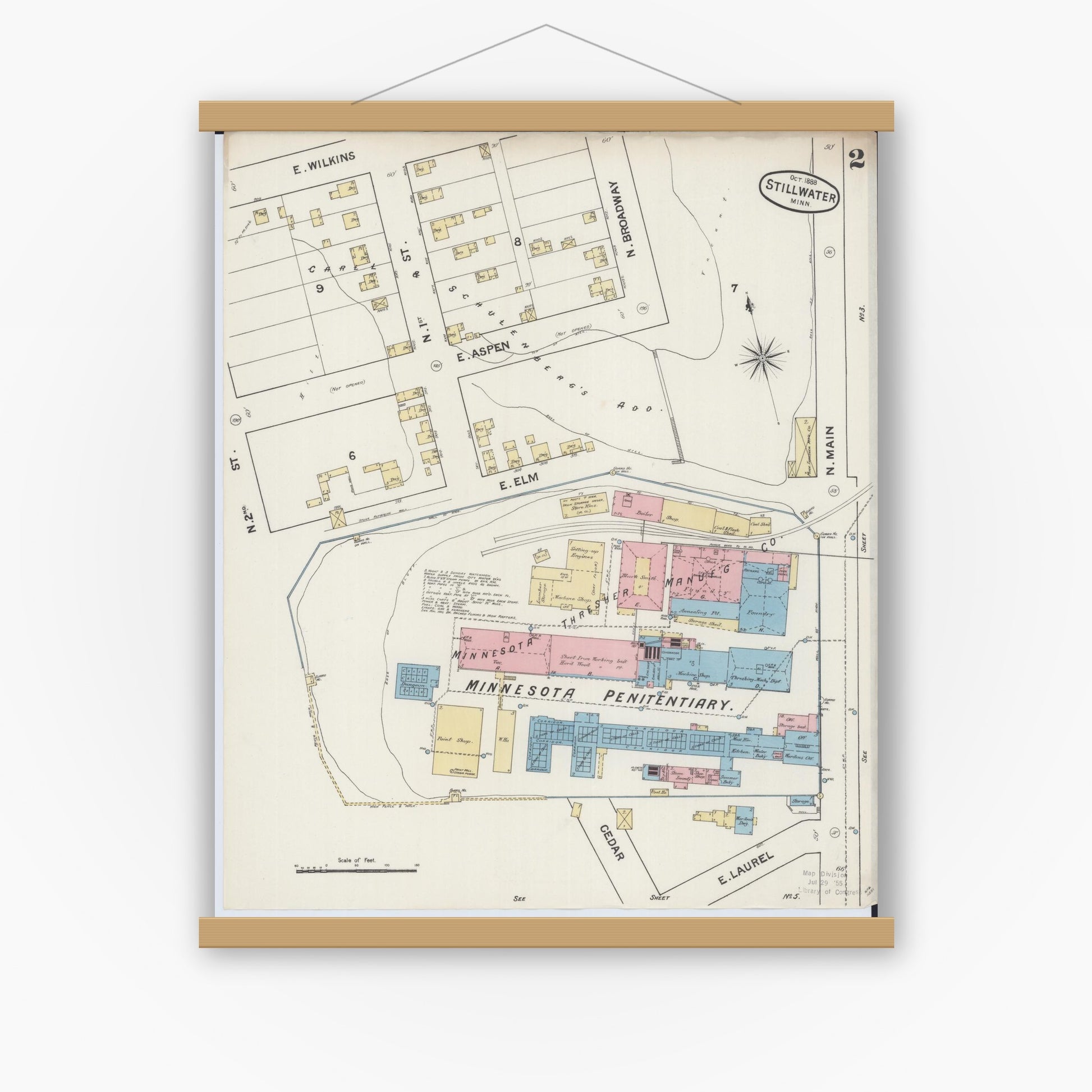 Old map wall art mockup — magnetic wood frame on white wall — Sanborn Fire Insurance Map from Stillwater, Washington County, Minnesota (1888), Sheet #0002
