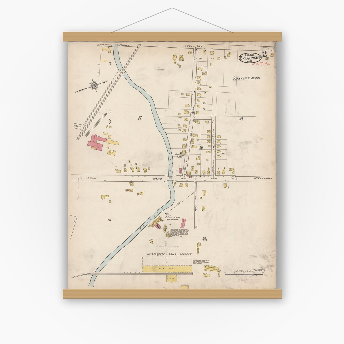 Old map wall art mockup — magnetic wood frame on white wall — Sanborn Fire Insurance Map from Bridgewater, Plymouth County, Massachusetts (1921), Sheet #0002