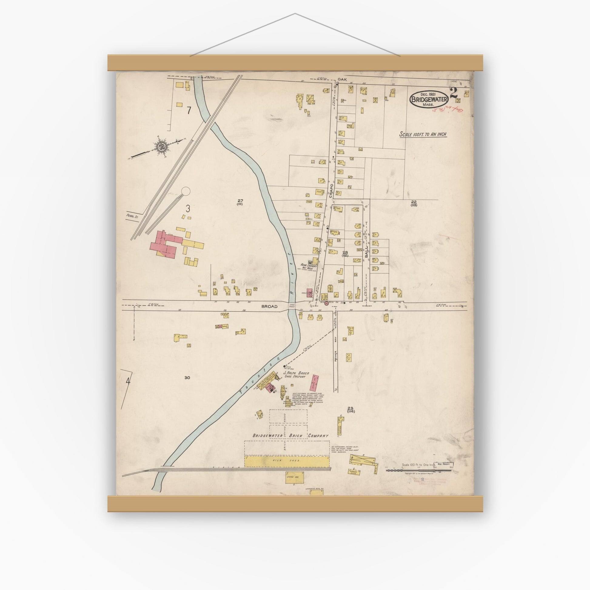Old map wall art mockup — magnetic wood frame on white wall — Sanborn Fire Insurance Map from Bridgewater, Plymouth County, Massachusetts (1921), Sheet #0002