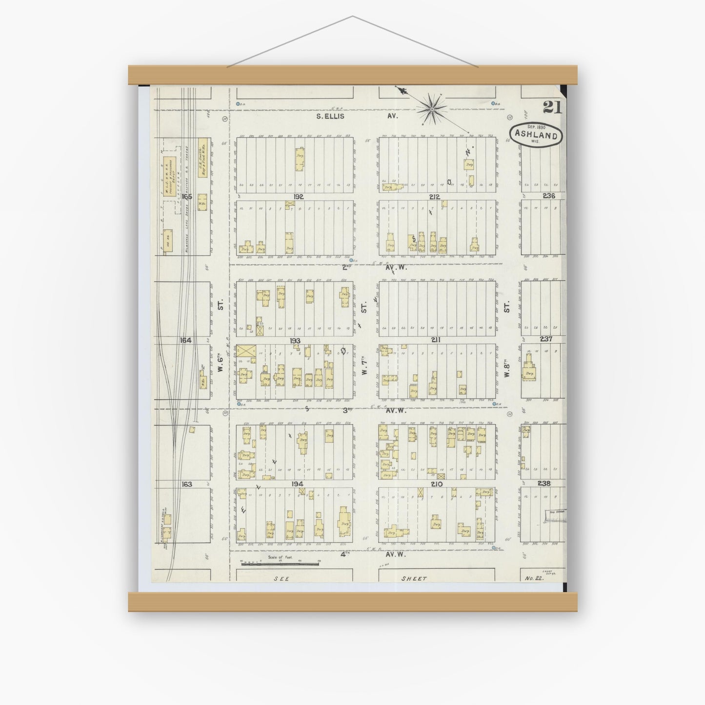 Old map wall art mockup — magnetic wood frame on white wall — Sanborn Fire Insurance Map from Ashland, Ashland County, Wisconsin (1890), Sheet #0021