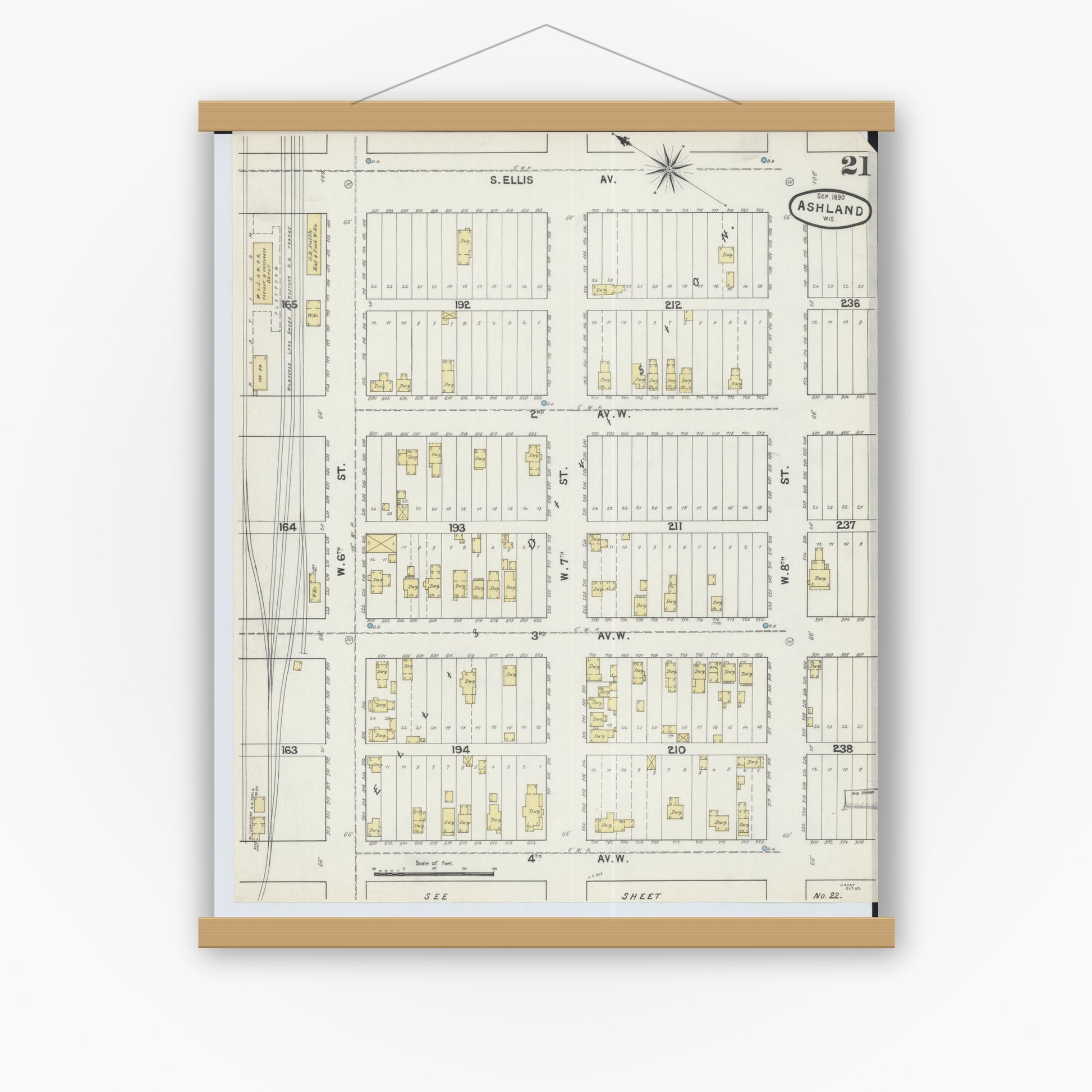 Old map wall art mockup — magnetic wood frame on white wall — Sanborn Fire Insurance Map from Ashland, Ashland County, Wisconsin (1890), Sheet #0021