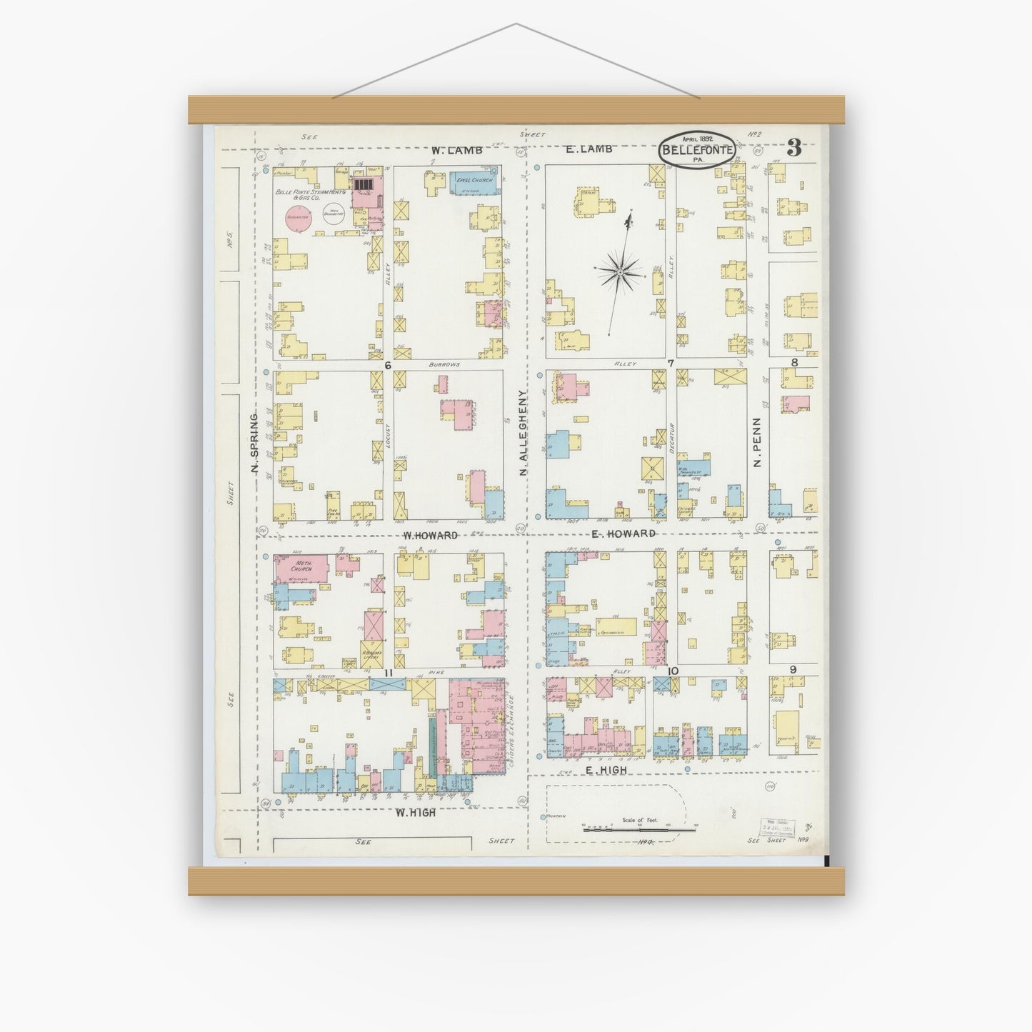 Old map wall art mockup — magnetic wood frame on white wall — Sanborn Fire Insurance Map from Bellefonte, Centre County, Pennsylvania (1892), Sheet #0003