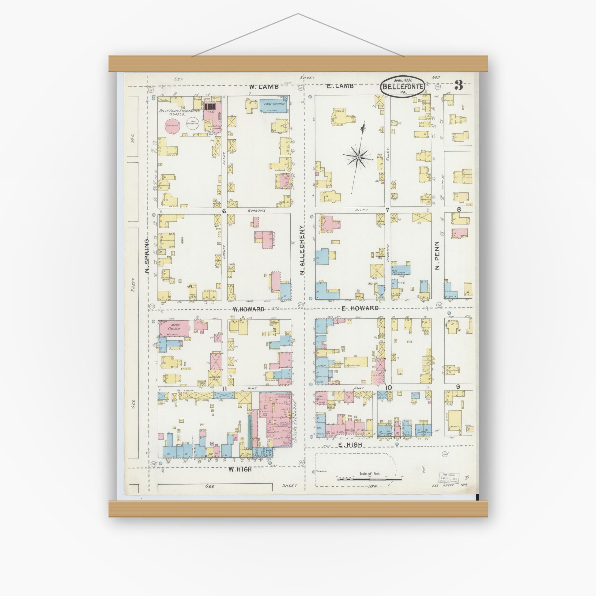 Old map wall art mockup — magnetic wood frame on white wall — Sanborn Fire Insurance Map from Bellefonte, Centre County, Pennsylvania (1892), Sheet #0003