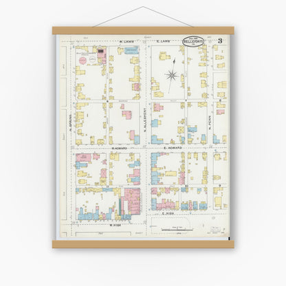 Old map wall art mockup — magnetic wood frame on white wall — Sanborn Fire Insurance Map from Bellefonte, Centre County, Pennsylvania (1892), Sheet #0003
