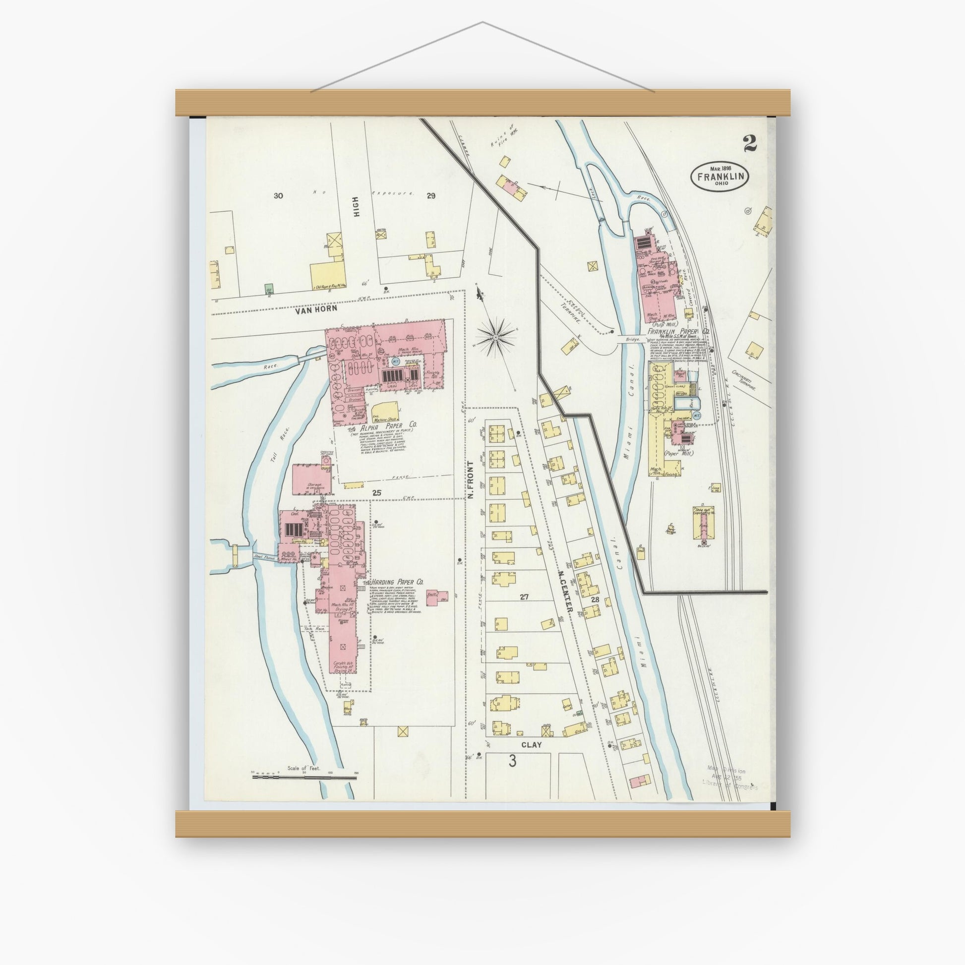 Old map wall art mockup — magnetic wood frame on white wall — Sanborn Fire Insurance Map from Franklin, Warren County, Ohio (1898), Sheet #0002