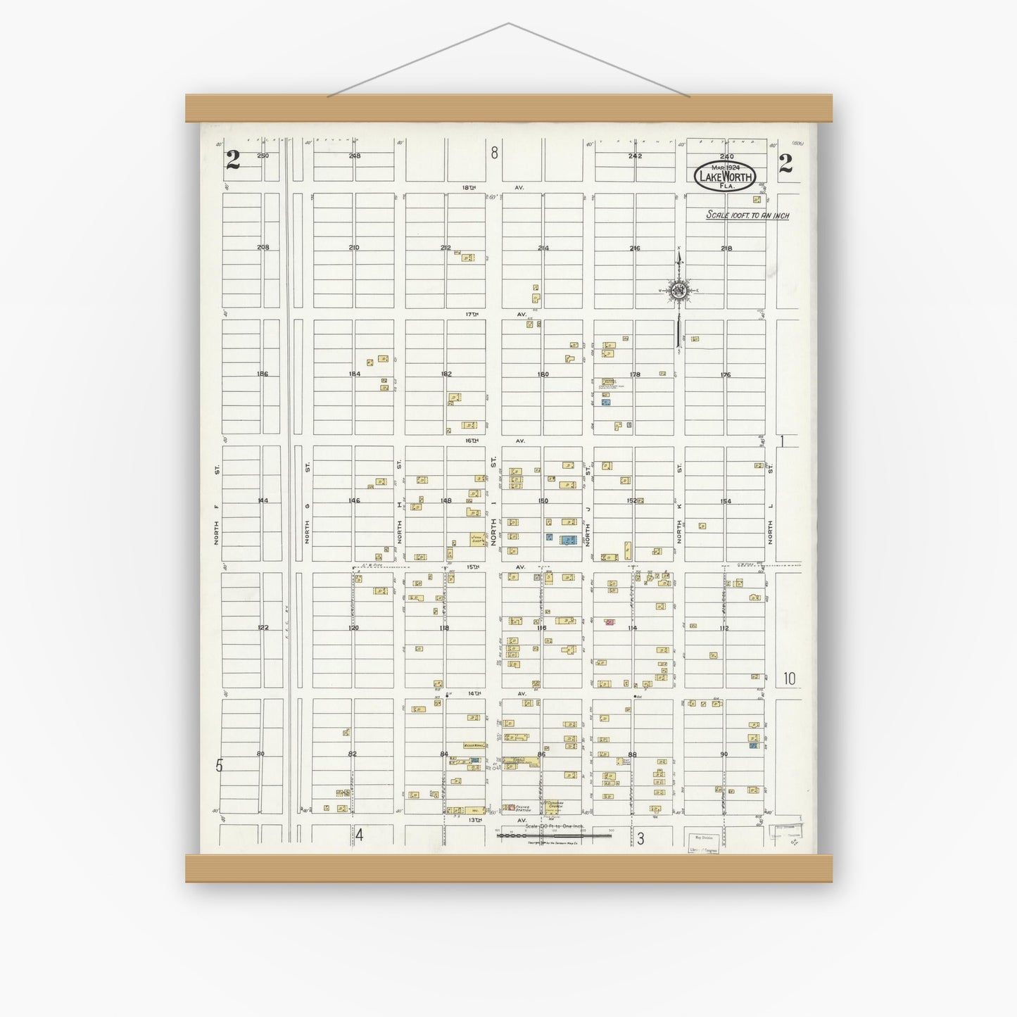 Old map wall art mockup — magnetic wood frame on white wall — Sanborn Fire Insurance Map from Lake Worth, Palm Beach County, Florida (1924), Sheet #0002