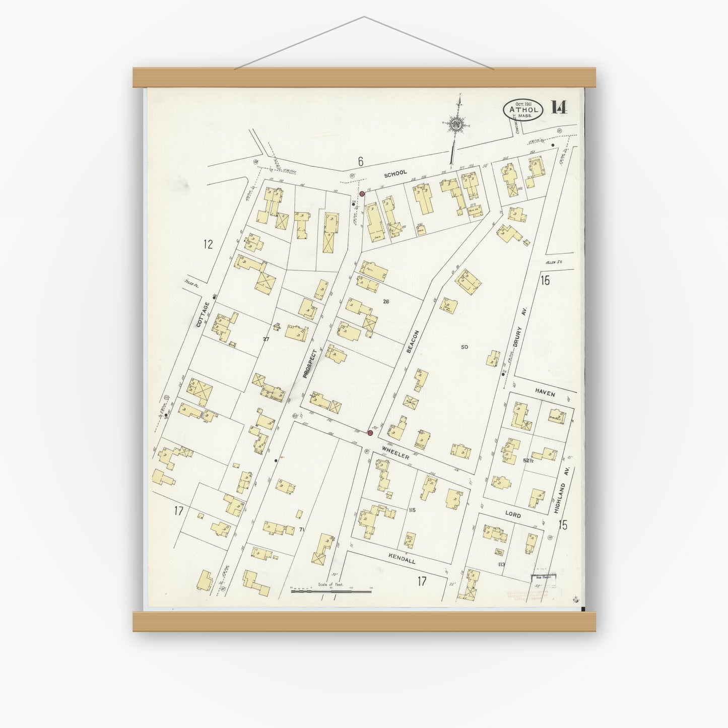 Old map wall art mockup — magnetic wood frame on white wall — Sanborn Fire Insurance Map from Athol, Worcester County, Massachusetts (1911), Sheet #0014