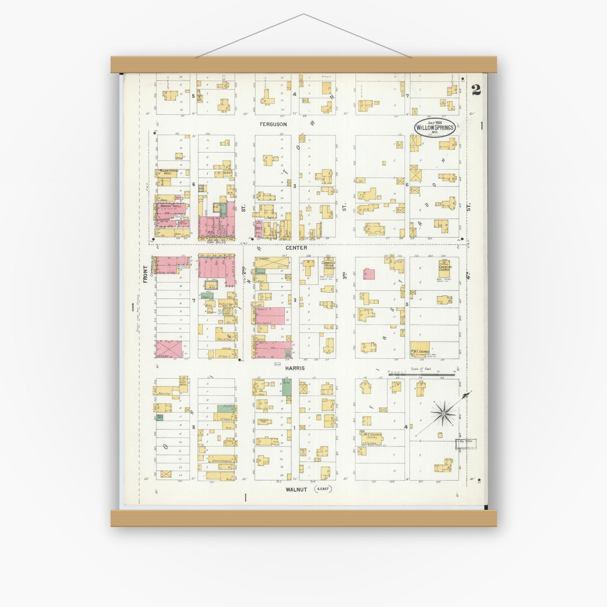 Old map wall art mockup — magnetic wood frame on white wall — Sanborn Fire Insurance Map from Willow Springs, Howell County, Missouri (1900), Sheet #0002