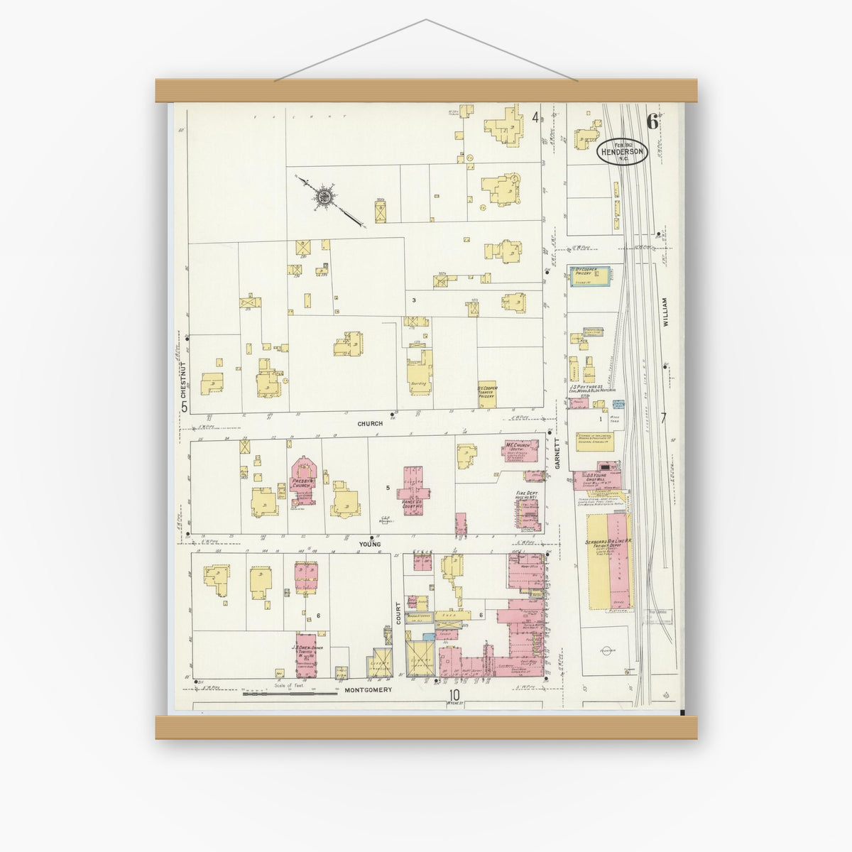 Old map wall art mockup — magnetic wood frame on white wall — Sanborn Fire Insurance Map from Henderson, Vance County, North Carolina (1912), Sheet #0006