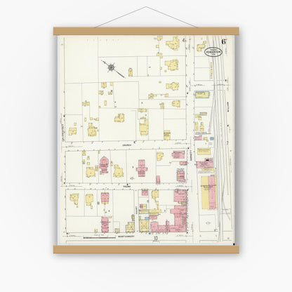Old map wall art mockup — magnetic wood frame on white wall — Sanborn Fire Insurance Map from Henderson, Vance County, North Carolina (1912), Sheet #0006