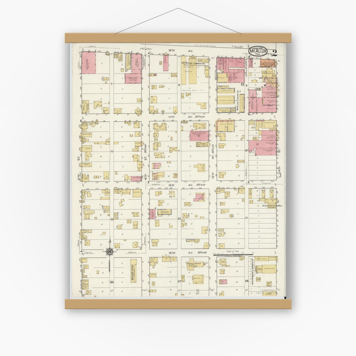 Old map wall art mockup — magnetic wood frame on white wall — Sanborn Fire Insurance Map from McAllen, Hidalgo County, Texas (1919), Sheet #0002
