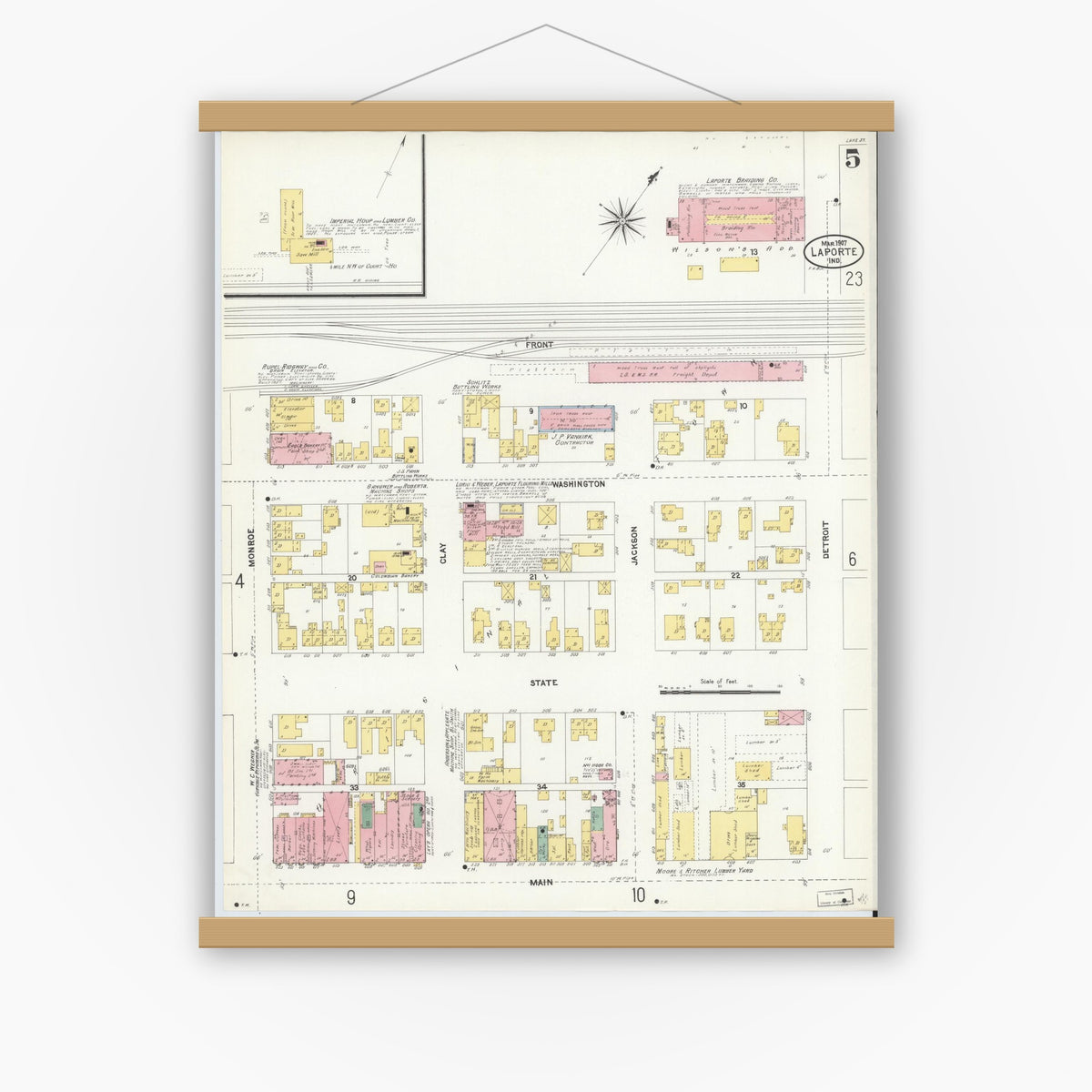 Old map wall art mockup — magnetic wood frame on white wall — Sanborn Fire Insurance Map from La Porte, La Porte County, Indiana (1907), Sheet #0005