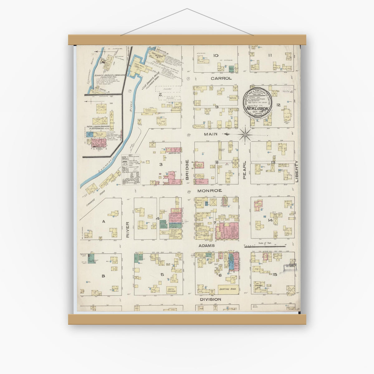Old map wall art mockup — magnetic wood frame on white wall — Sanborn Fire Insurance Map from New Lisbon, Juneau County, Wisconsin (1885), Sheet #0001
