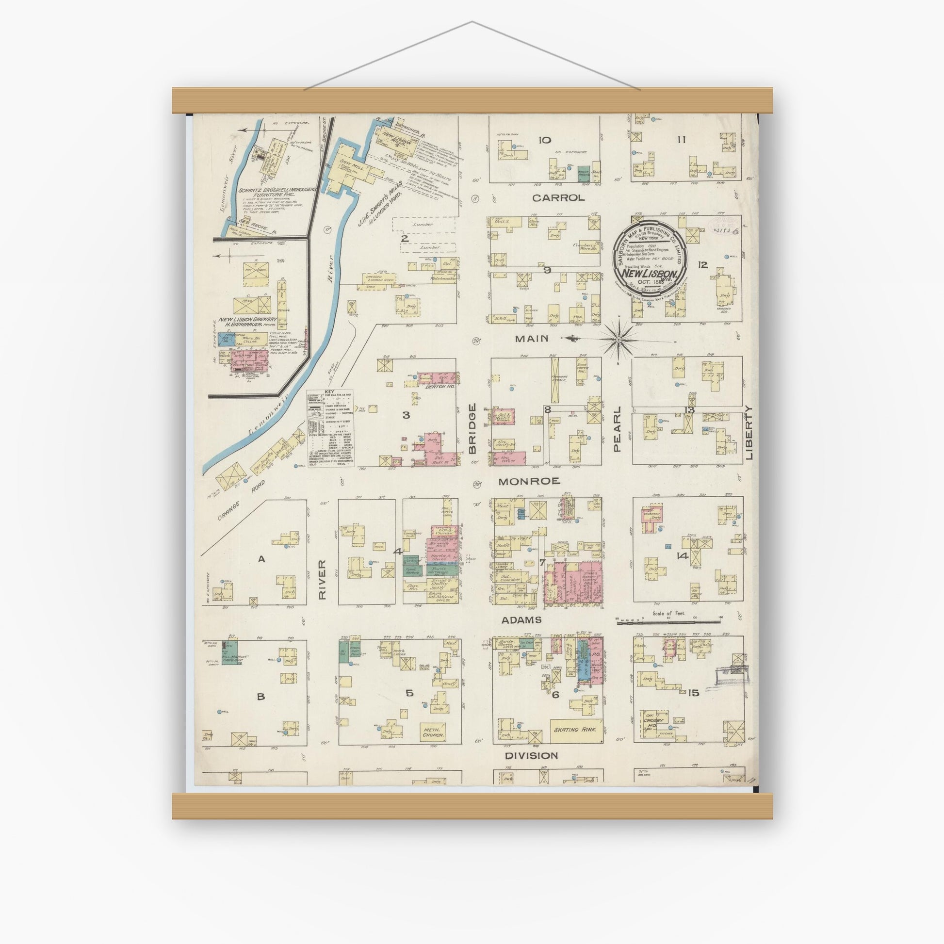 Old map wall art mockup — magnetic wood frame on white wall — Sanborn Fire Insurance Map from New Lisbon, Juneau County, Wisconsin (1885), Sheet #0001