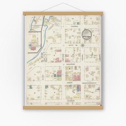 Old map wall art mockup — magnetic wood frame on white wall — Sanborn Fire Insurance Map from New Lisbon, Juneau County, Wisconsin (1885), Sheet #0001