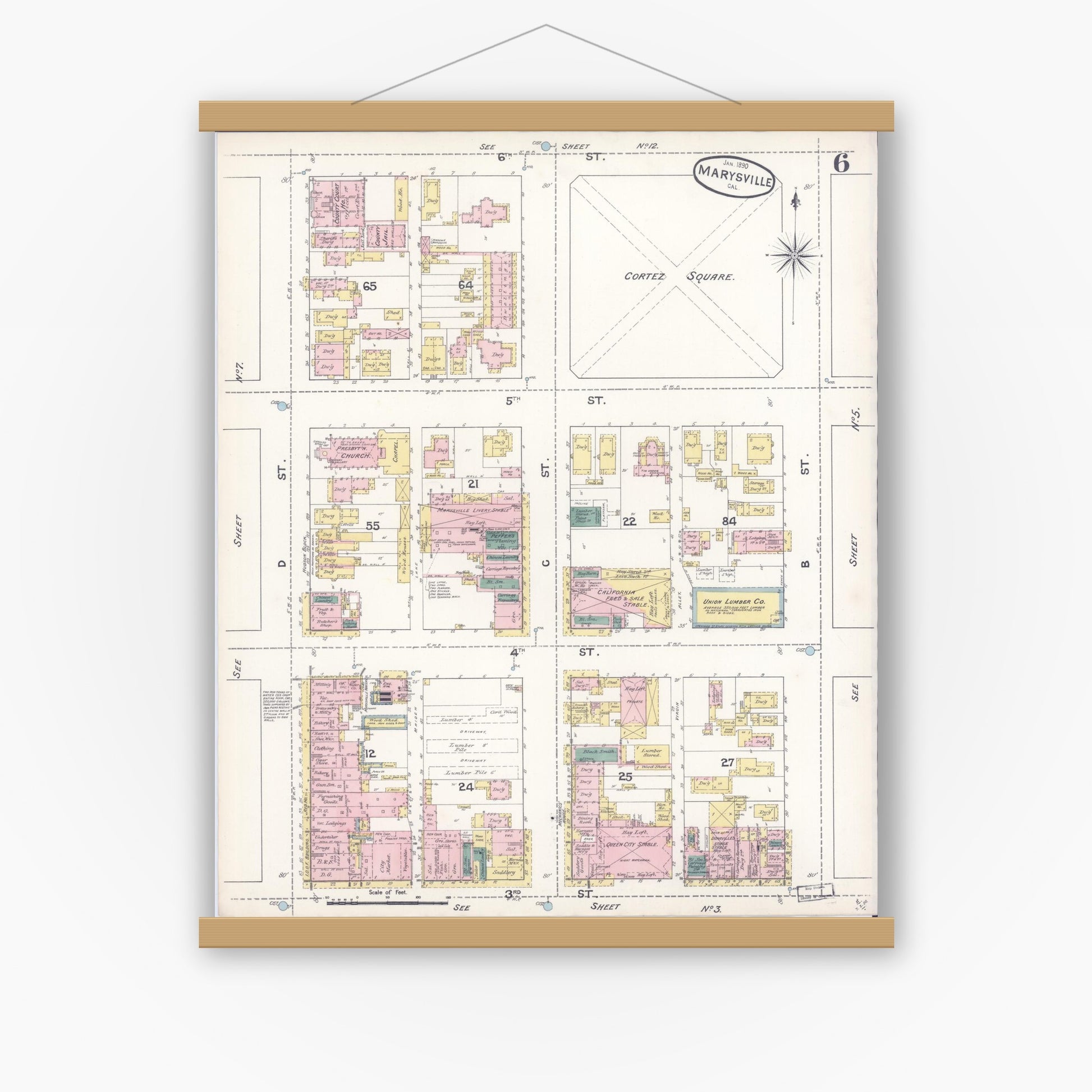 Old map wall art mockup — magnetic wood frame on white wall — Sanborn Fire Insurance Map from Marysville, Yuba County, California (1890), Sheet #0006
