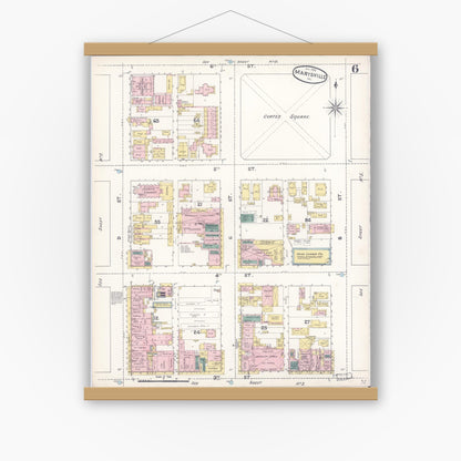 Old map wall art mockup — magnetic wood frame on white wall — Sanborn Fire Insurance Map from Marysville, Yuba County, California (1890), Sheet #0006