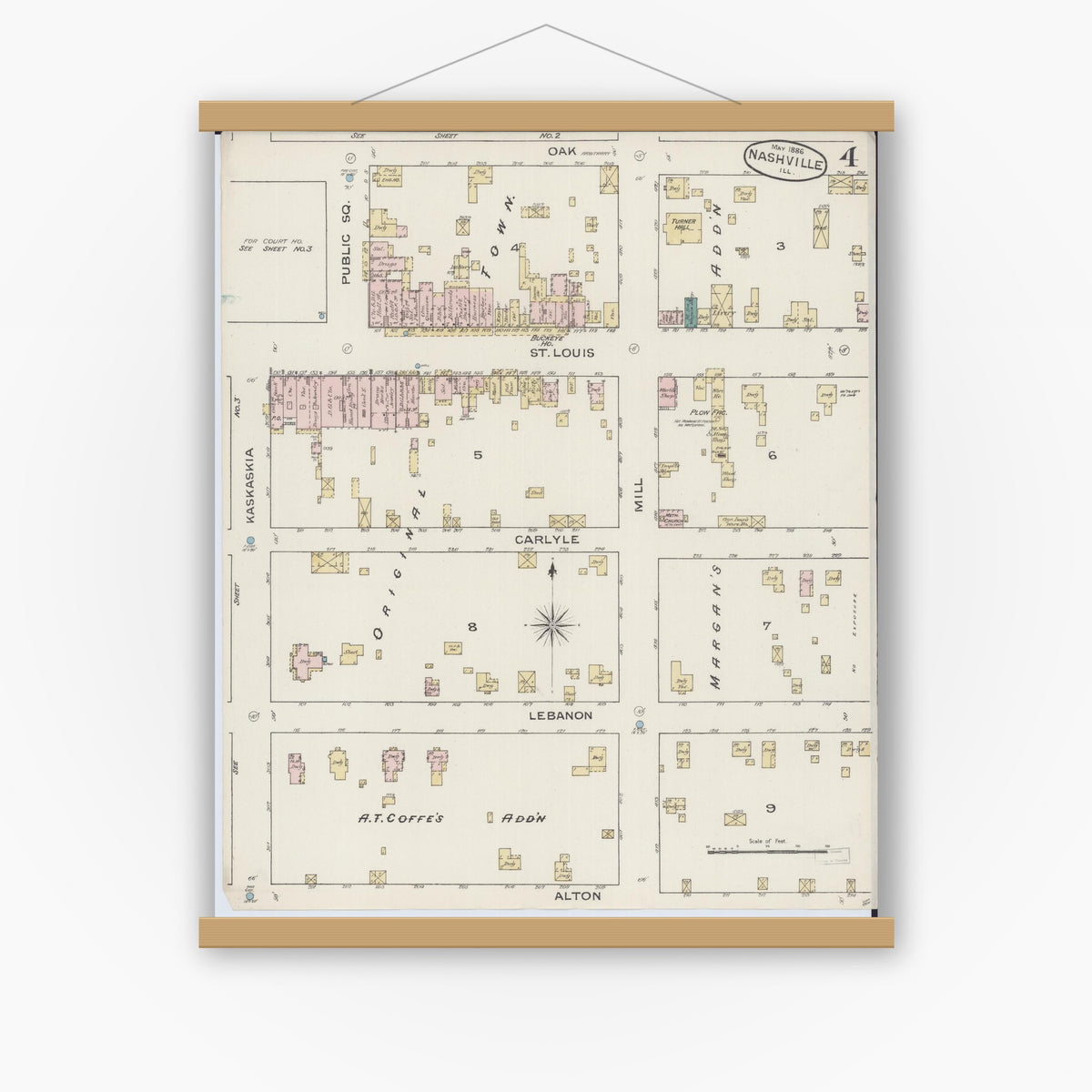 Old map wall art mockup — magnetic wood frame on white wall — Sanborn Fire Insurance Map from Nashville, Washington County, Illinois (1886), Sheet #0004