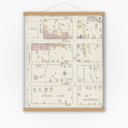 Old map wall art mockup — magnetic wood frame on white wall — Sanborn Fire Insurance Map from Nashville, Washington County, Illinois (1886), Sheet #0004