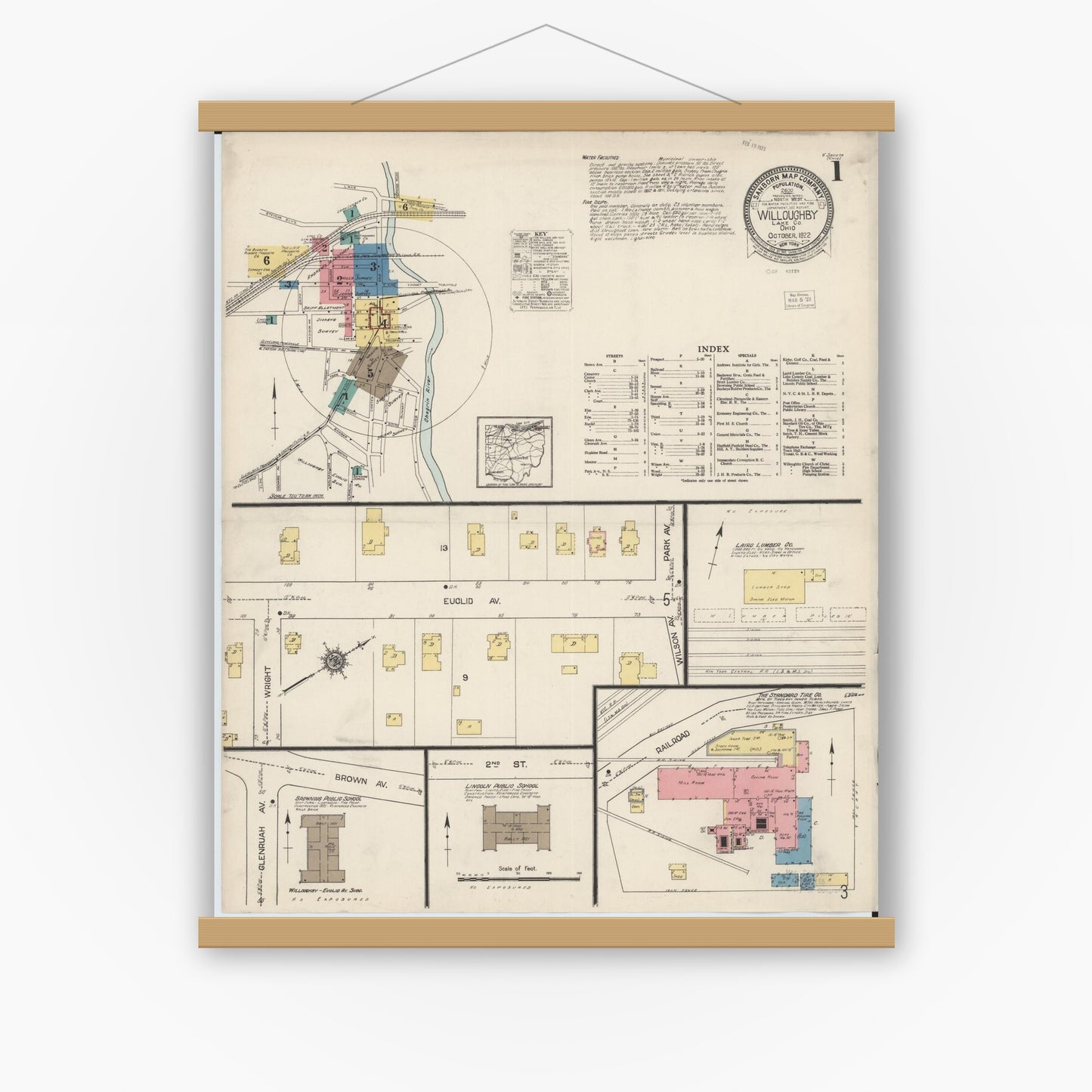 Old map wall art mockup — magnetic wood frame on white wall — Sanborn Fire Insurance Map from Willoughby, Lake County, Ohio (1922), Sheet #0001