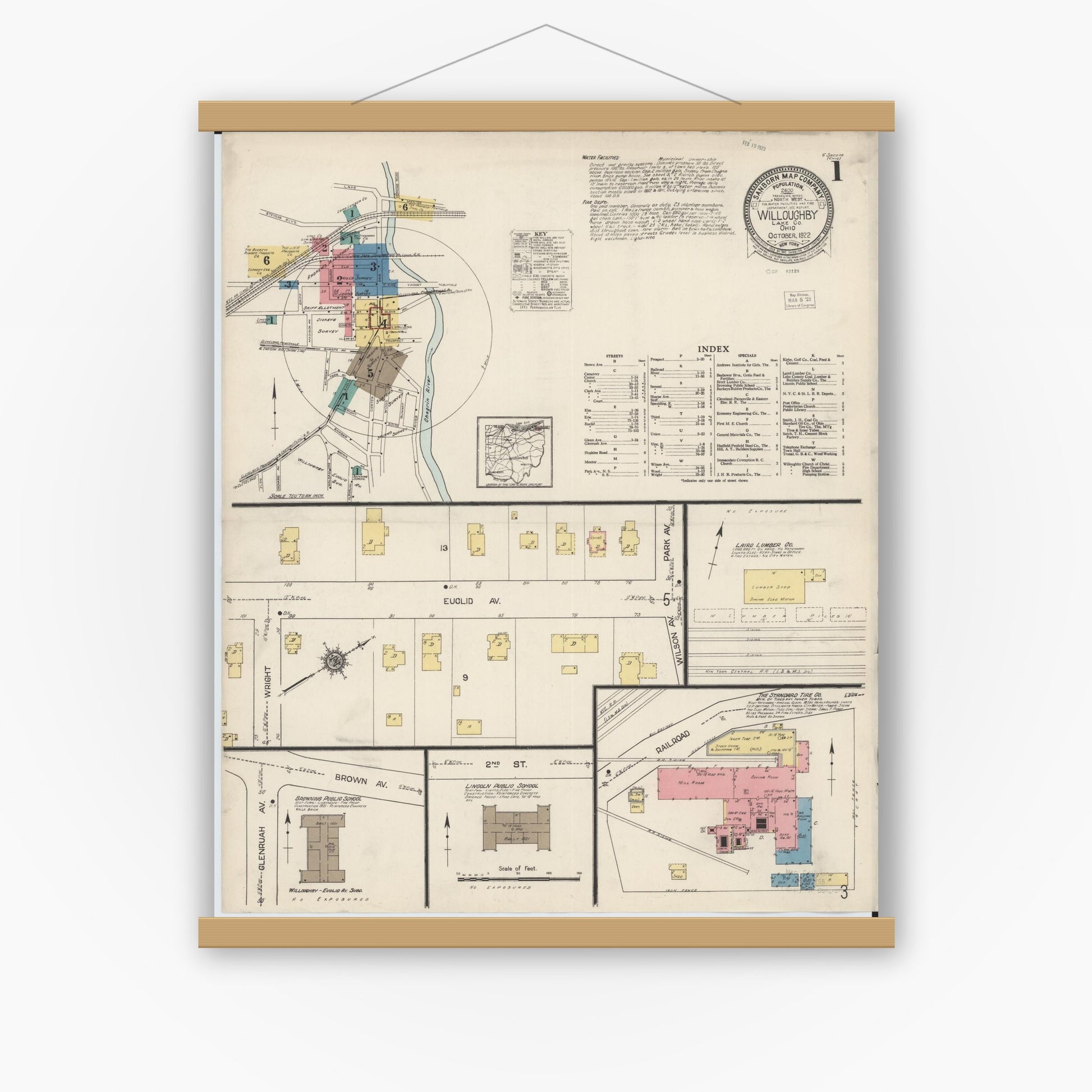 Old map wall art mockup — magnetic wood frame on white wall — Sanborn Fire Insurance Map from Willoughby, Lake County, Ohio (1922), Sheet #0001