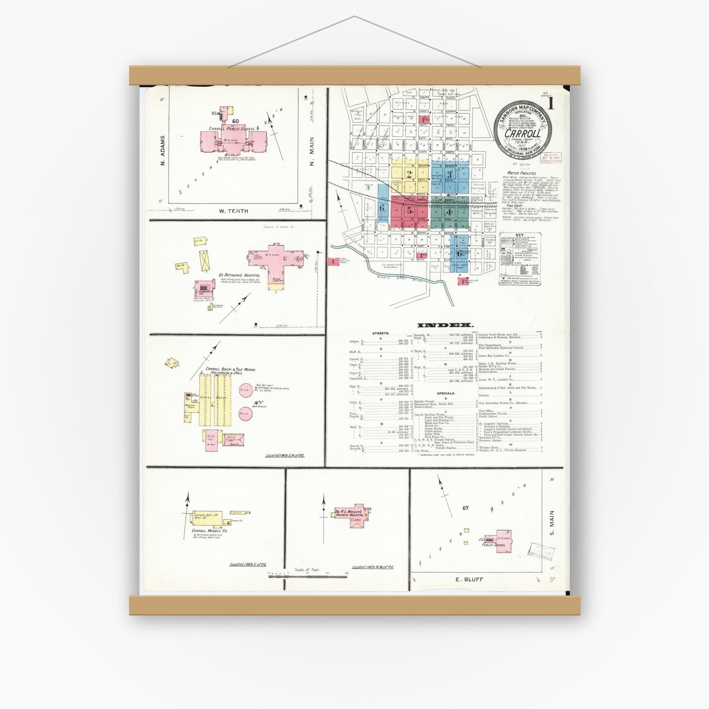 Old map wall art mockup — magnetic wood frame on white wall — Sanborn Fire Insurance Map from Carroll, Carroll County, Iowa (1909) â€” Complete Set