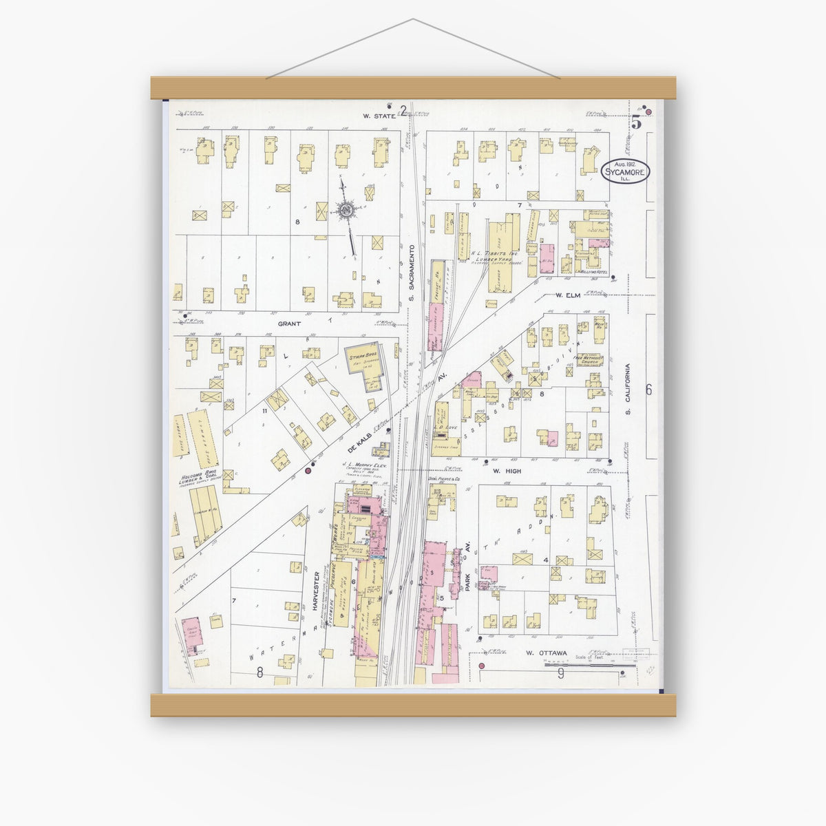 Old map wall art mockup — magnetic wood frame on white wall — Sanborn Fire Insurance Map from Sycamore, De Kalb County, Illinois (1912), Sheet #0005