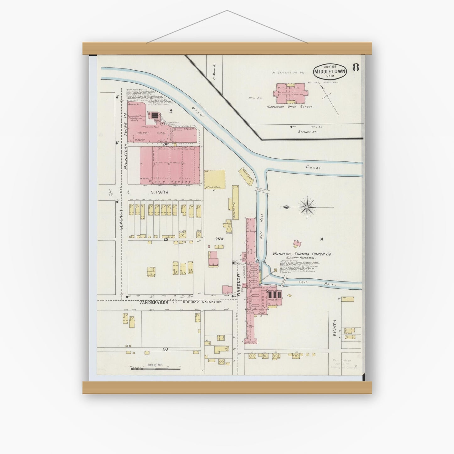 Old map wall art mockup — magnetic wood frame on white wall — Sanborn Fire Insurance Map from Middletown, Butler County, Ohio (1895), Sheet #0008