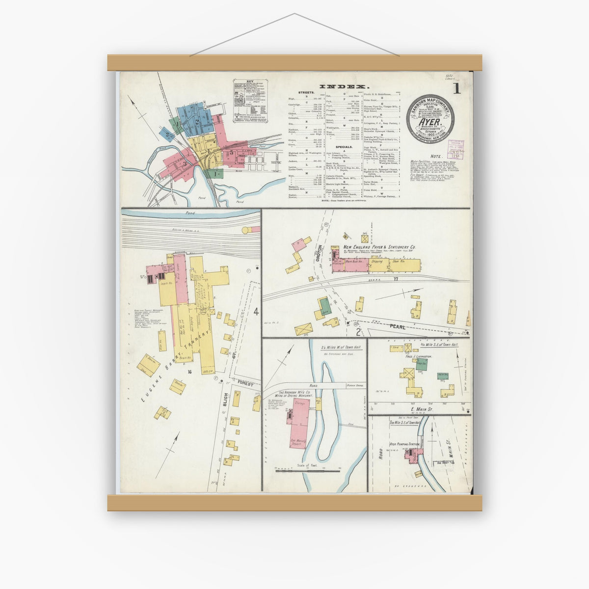 Old map wall art mockup — magnetic wood frame on white wall — Sanborn Fire Insurance Map from Ayer, Middlesex County, Massachusetts (1902) - Complete Map Set