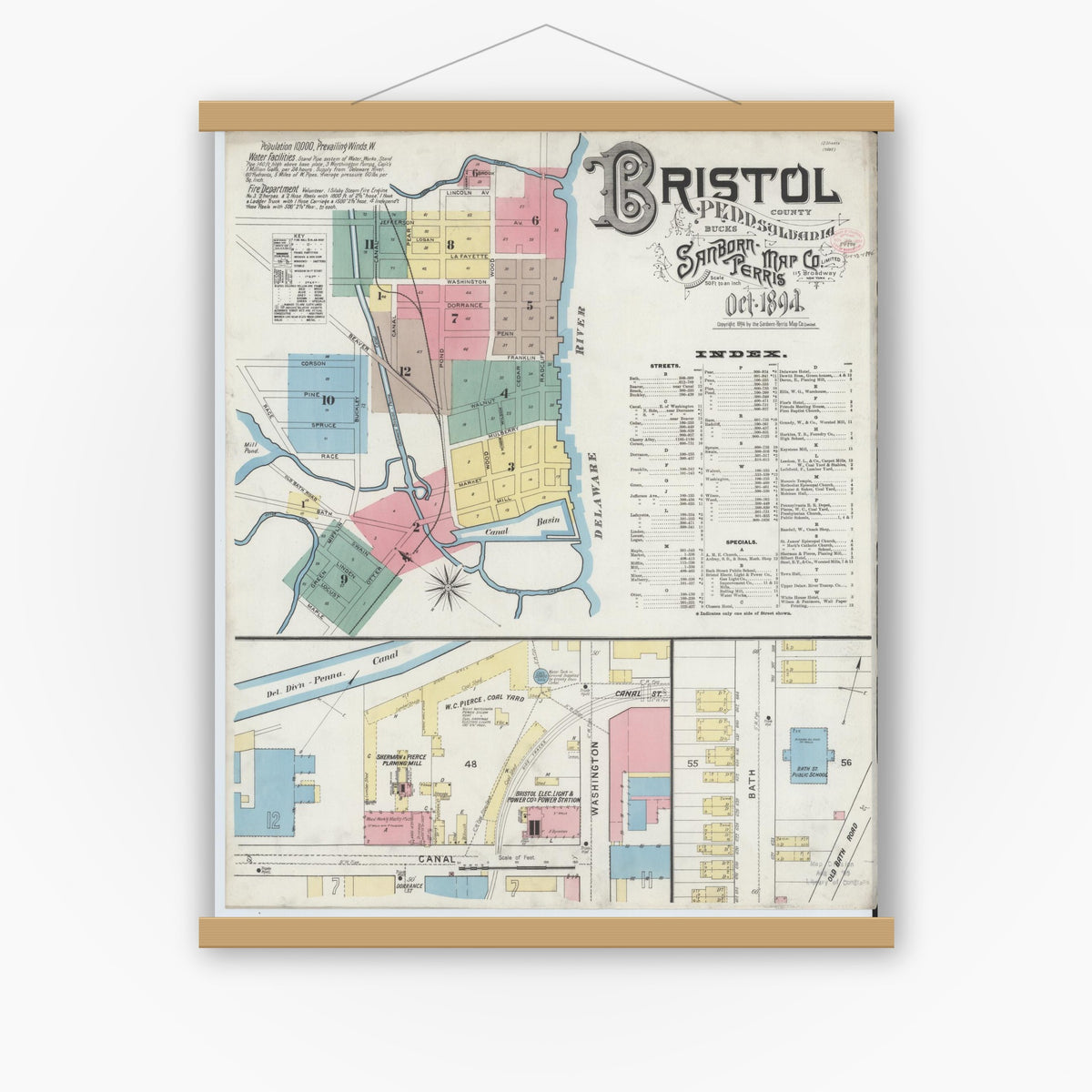 Old map wall art mockup — magnetic wood frame on white wall — Sanborn Fire Insurance Map from Bristol, Bucks County, Pennsylvania (1894) - Complete Map Set