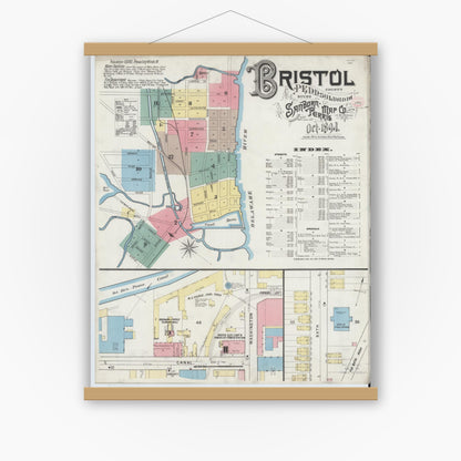 Old map wall art mockup — magnetic wood frame on white wall — Sanborn Fire Insurance Map from Bristol, Bucks County, Pennsylvania (1894) - Complete Map Set