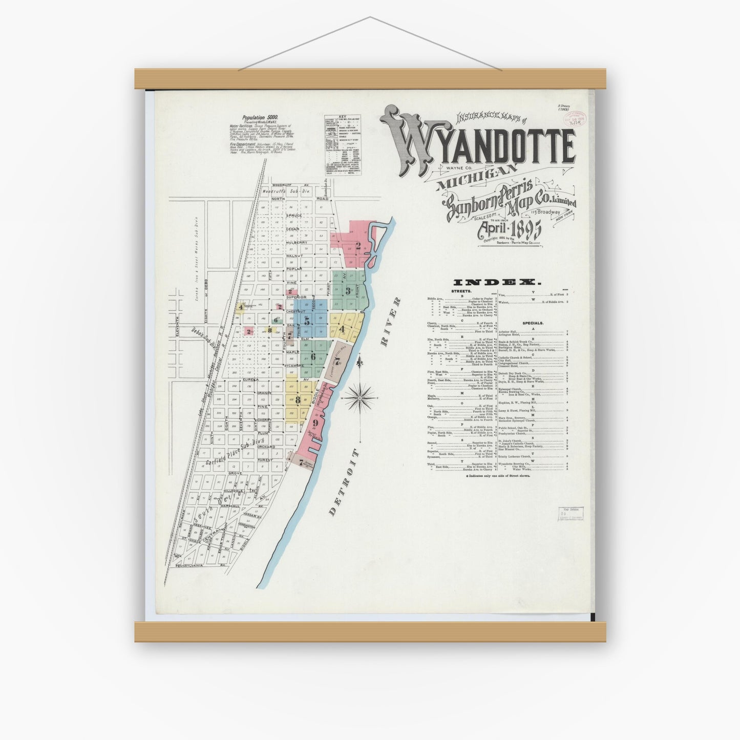 Old map wall art mockup — magnetic wood frame on white wall — Sanborn Fire Insurance Map from Wyandotte, Wayne County, Michigan (1895) - Complete Map Set