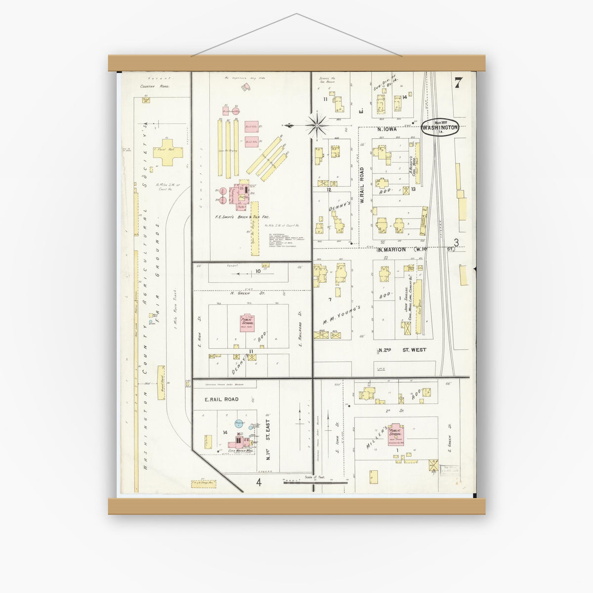 Old map wall art mockup — magnetic wood frame on white wall — Sanborn Fire Insurance Map from Washington, Washington County, Iowa (1897), Sheet #0007