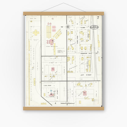Old map wall art mockup — magnetic wood frame on white wall — Sanborn Fire Insurance Map from Washington, Washington County, Iowa (1897), Sheet #0007
