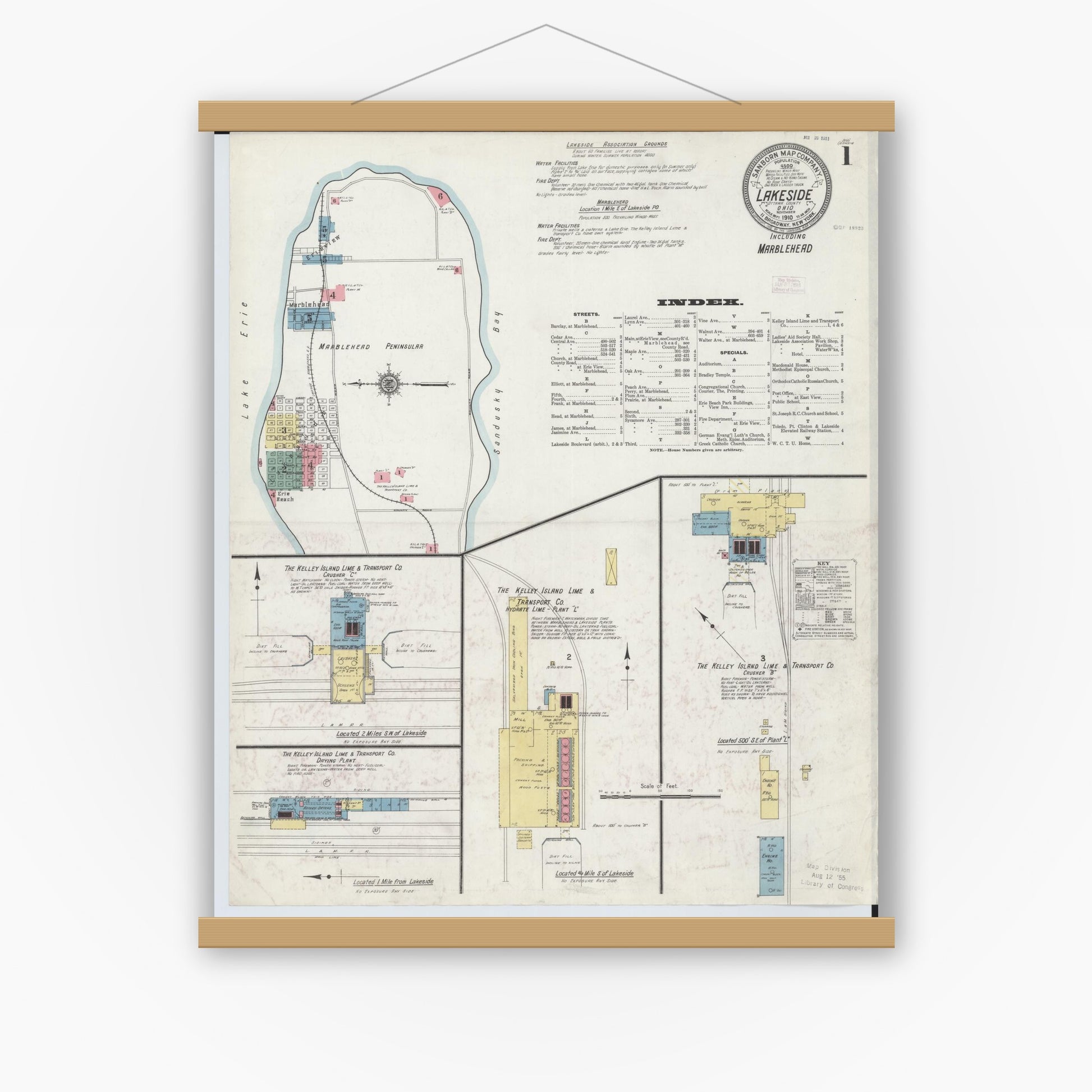 Old map wall art mockup — magnetic wood frame on white wall — Sanborn Fire Insurance Map from Lakeside, Ottawa County, Ohio (1910) - Complete Map Set