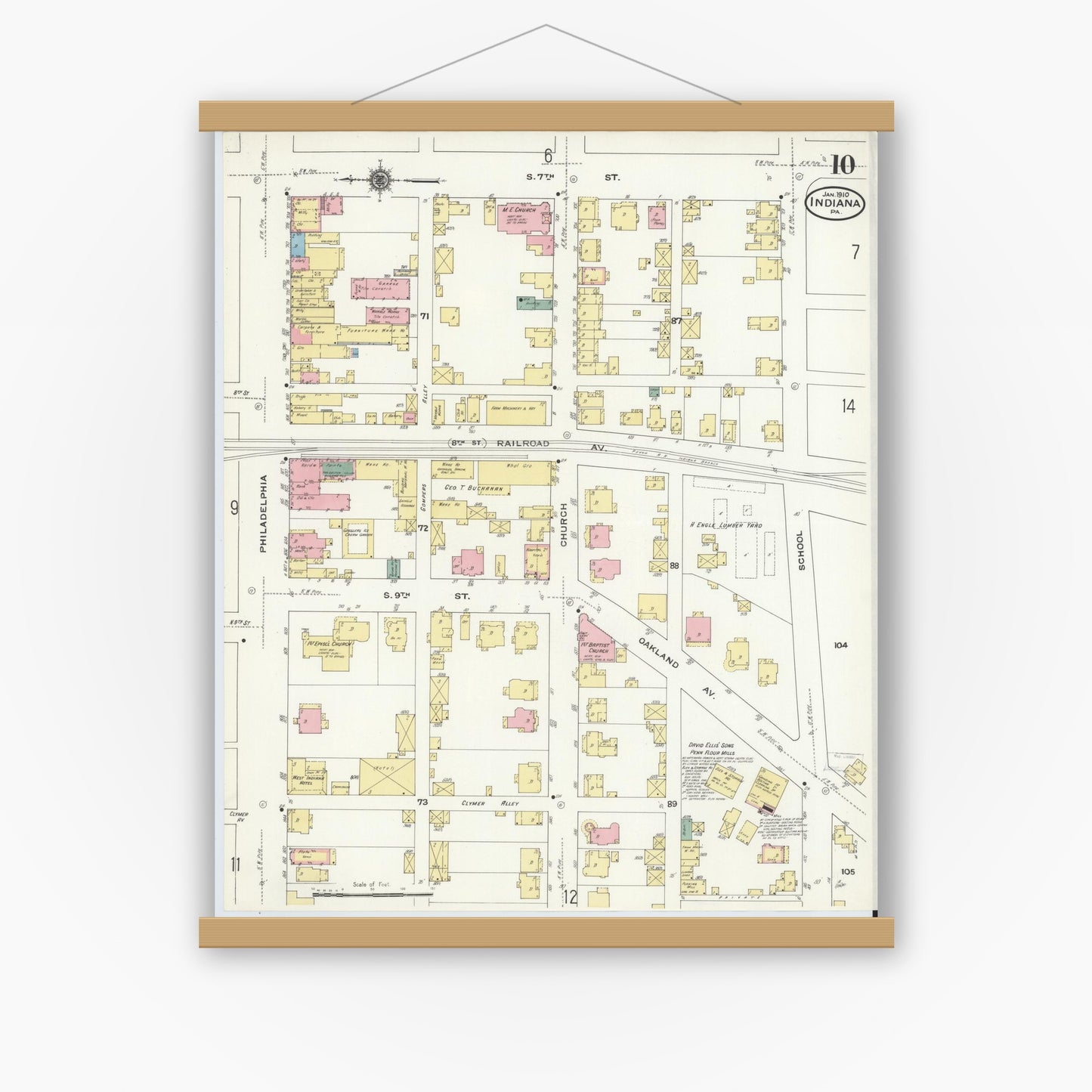 Old map wall art mockup — magnetic wood frame on white wall — Sanborn Fire Insurance Map from Indiana, Indiana County, Pennsylvania (1910), Sheet #0010