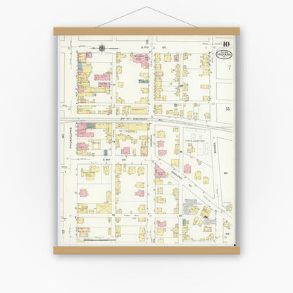 Old map wall art mockup — magnetic wood frame on white wall — Sanborn Fire Insurance Map from Indiana, Indiana County, Pennsylvania (1910), Sheet #0010