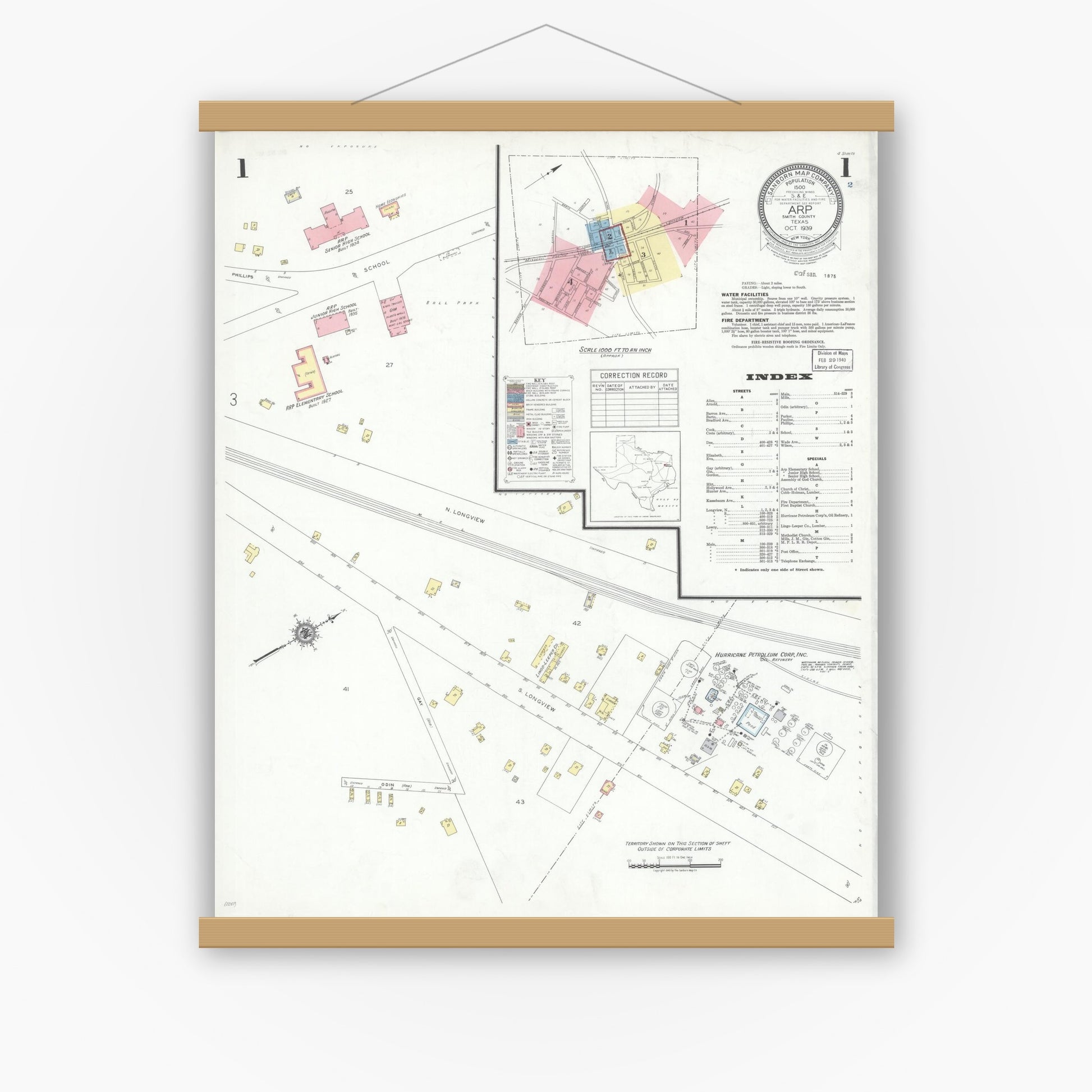 Old map wall art mockup — magnetic wood frame on white wall — Sanborn Fire Insurance Map from Arp, Smith County, Texas (1939), Sheet #0001