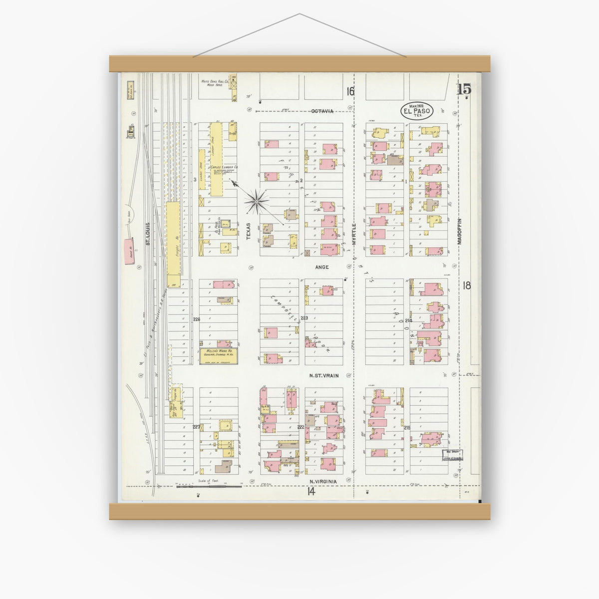 Old map wall art mockup — magnetic wood frame on white wall — Sanborn Fire Insurance Map from El Paso, El Paso County, Texas (1902), Sheet #0015