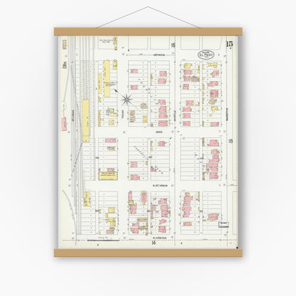 Old map wall art mockup — magnetic wood frame on white wall — Sanborn Fire Insurance Map from El Paso, El Paso County, Texas (1902), Sheet #0015